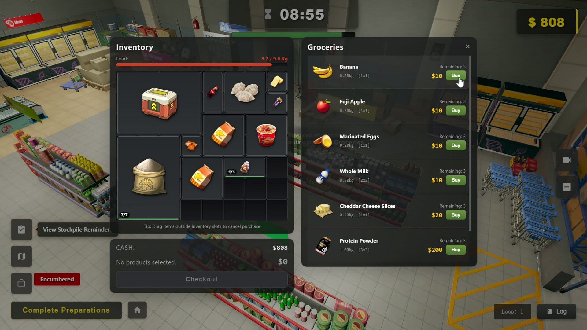 Official Survival Log Steam screenshot showing inventory and groceries shopping panels.