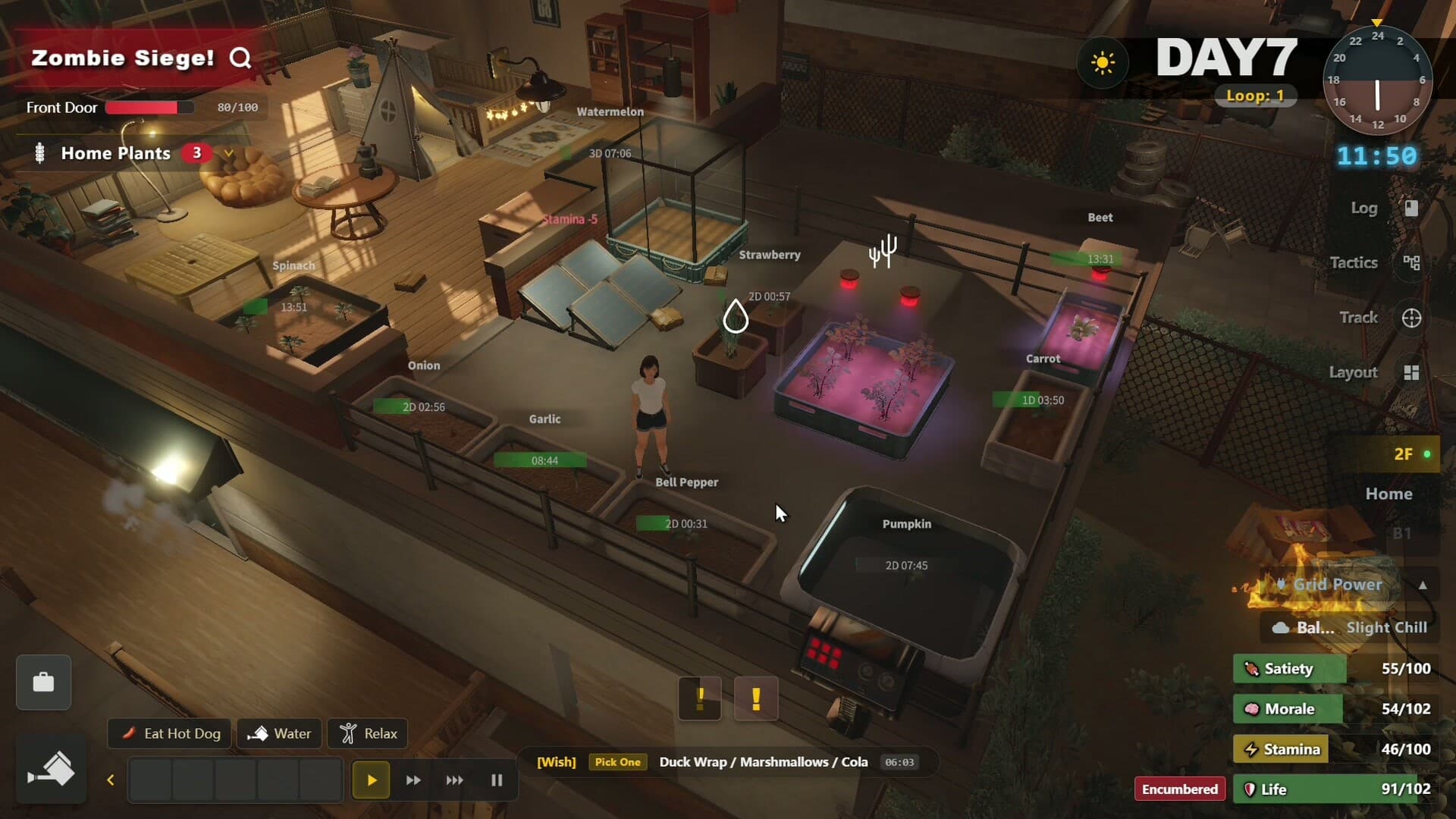 Official Survival Log Steam screenshot showing a home with planters and power status UI.